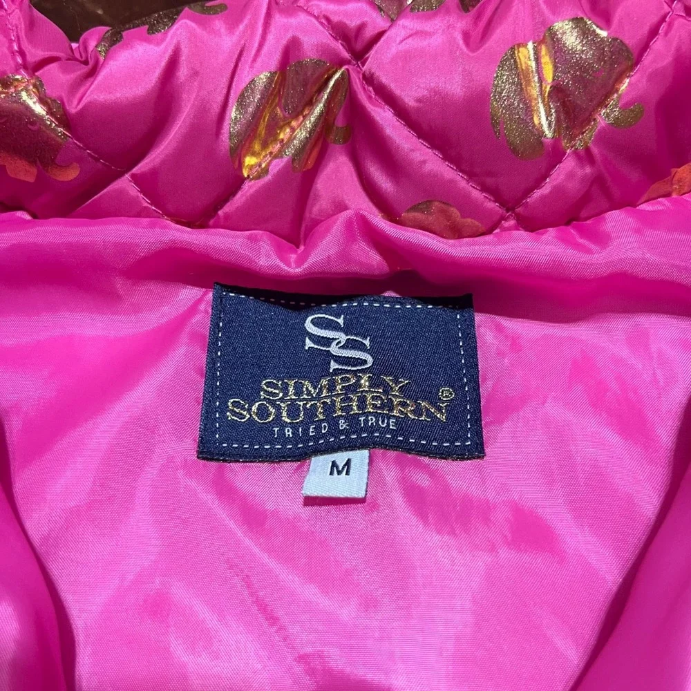Simply Southern Womens Hot Pink Gold Elephant Quilted Puffer Vest Size Medium